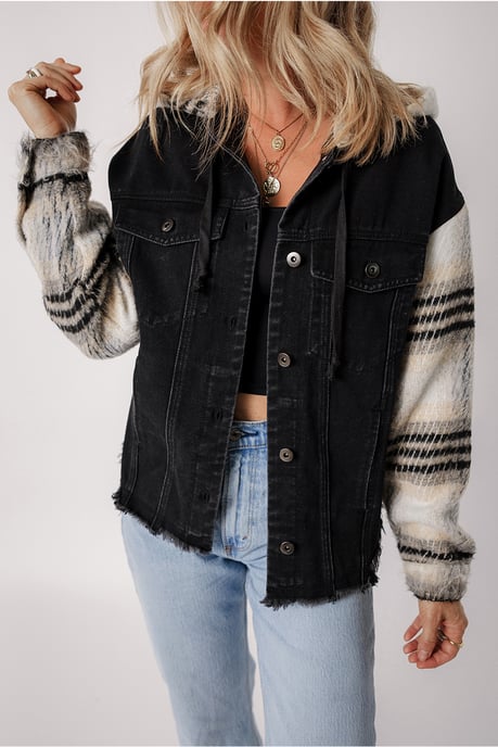 Kapuz denimjacke mit karierten Ärmeln - Image 5