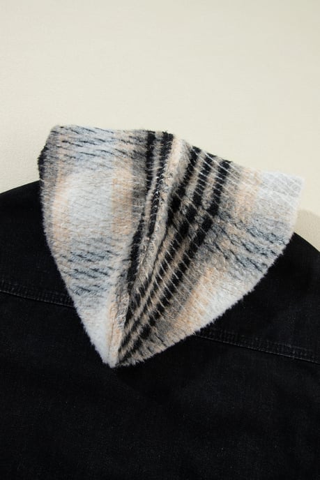 Kapuz denimjacke mit karierten Ärmeln - Image 6