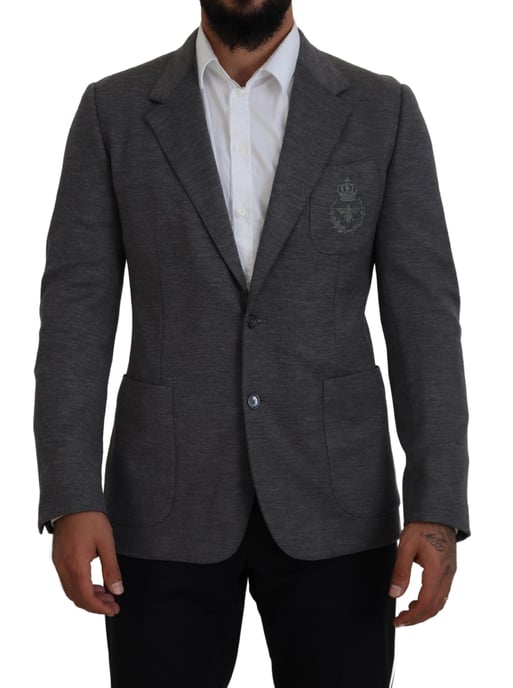 Grauer Blazer mit bestickter Biene im klassischen Schnitt - Image 1