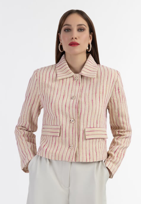Faina Kurze Blazerjacke Damen Rosa Wollweisser Streifen - Image 3