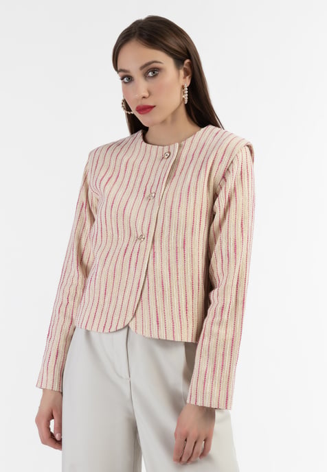 Faina Kurze Blazerjacke Damen Rosa Wollweisser Streifen - Image 3