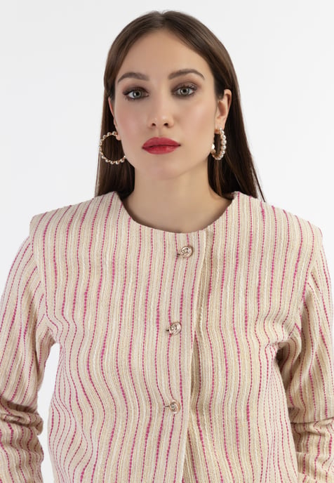 Faina Kurze Blazerjacke Damen Rosa Wollweisser Streifen - Image 5