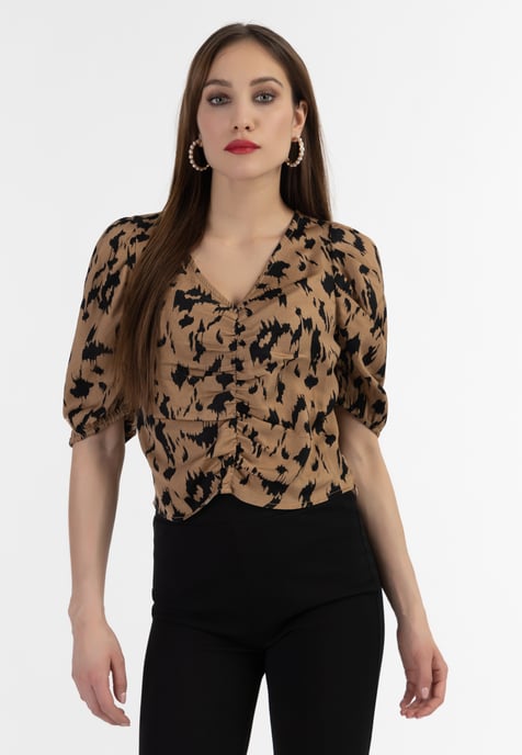 Faina Drapiertes Blusenshirt Damen Kamel Schwarz - Image 3