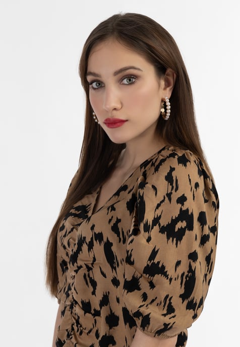 Faina Drapiertes Blusenshirt Damen Kamel Schwarz - Image 5
