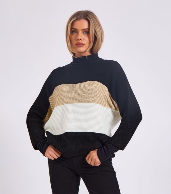 Gestreifter Strickpullover mit Schlitzausschnitt in Übergröße - Image 2