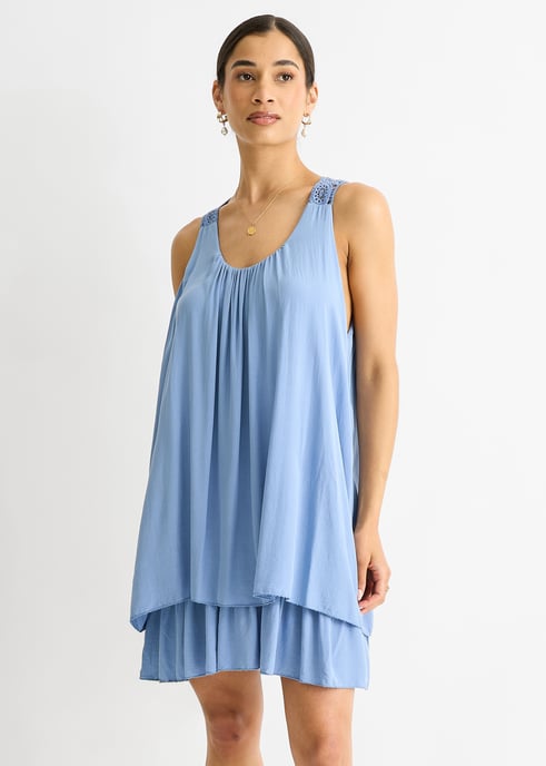 Doppellagiges Baumwoll-Minikleid aus Denim mit Häkelmuster - Image 3