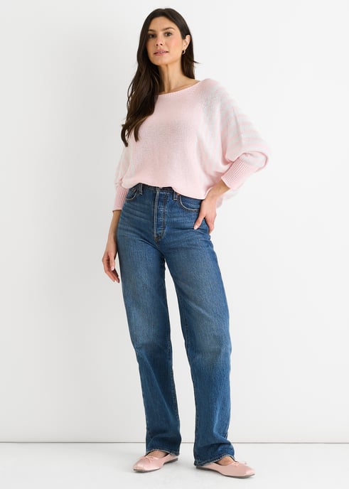 Rosa Baumwolle Streifenmuster Batwing Pullover Top - Image 1