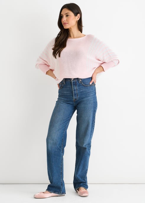 Rosa Baumwolle Streifenmuster Batwing Pullover Top - Image 3