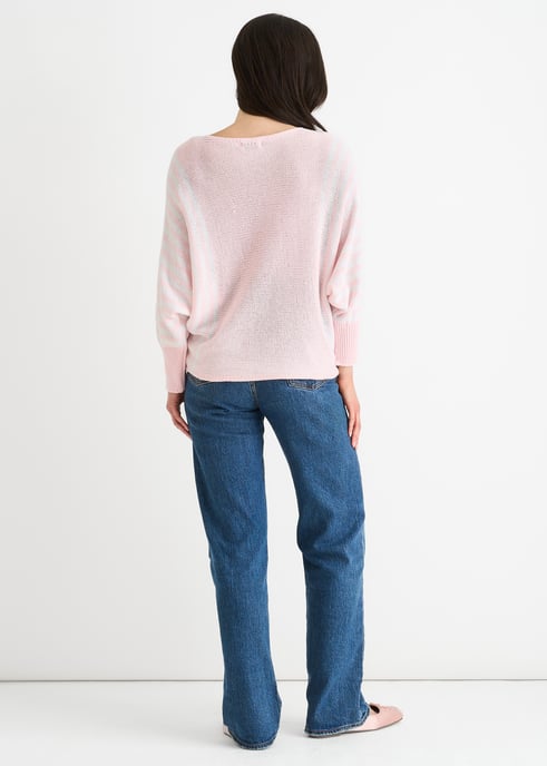 Rosa Baumwolle Streifenmuster Batwing Pullover Top - Image 4