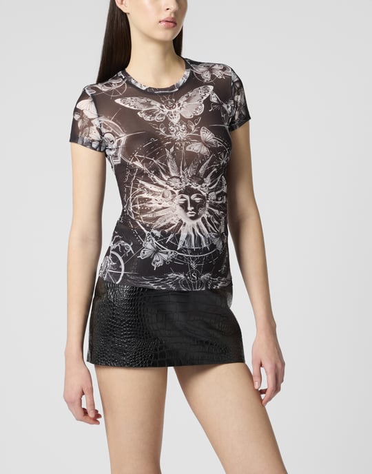 Philipp Plein Tüll-T-Shirt, körpernah mit Schmetterling-Tattoo-Detail - Schwarz - Image 2