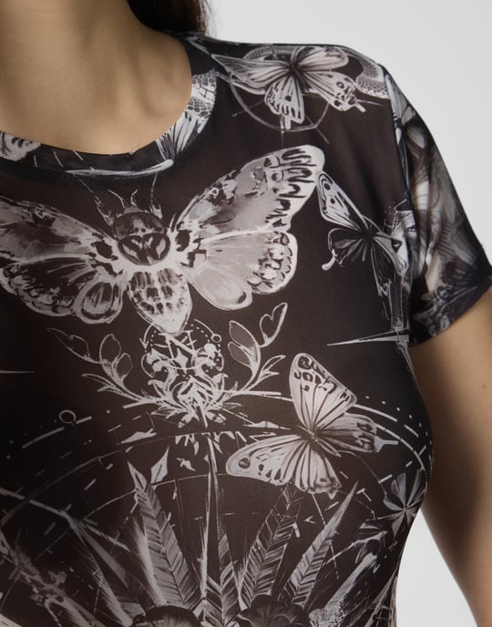 Philipp Plein Tüll-T-Shirt, körpernah mit Schmetterling-Tattoo-Detail - Schwarz - Image 3