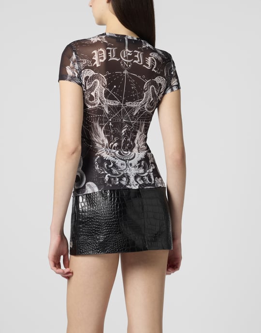 Philipp Plein Tüll-T-Shirt, körpernah mit Schmetterling-Tattoo-Detail - Schwarz - Image 5