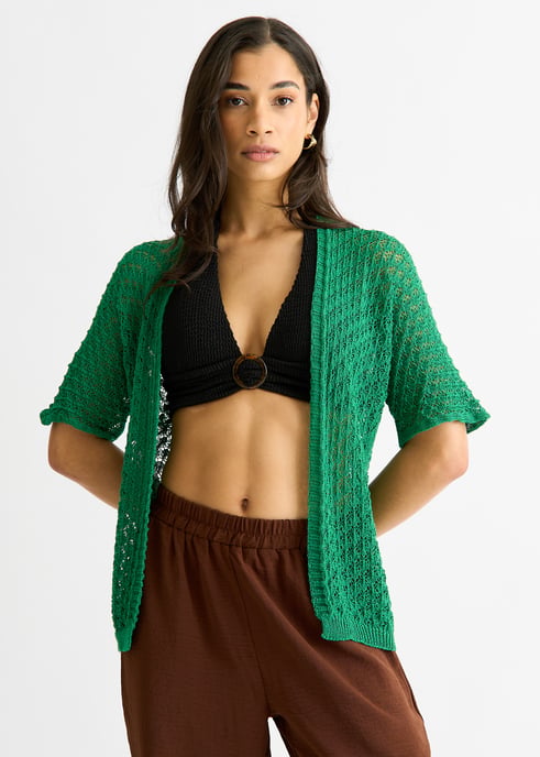 Gini London Cardigan im Häkelstil, offen von Kante zu Kante - Grün - Image 2