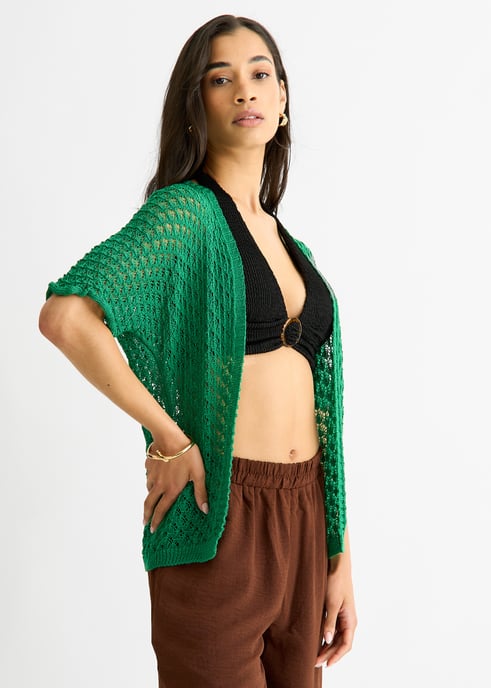 Gini London Cardigan im Häkelstil, offen von Kante zu Kante - Grün - Image 3