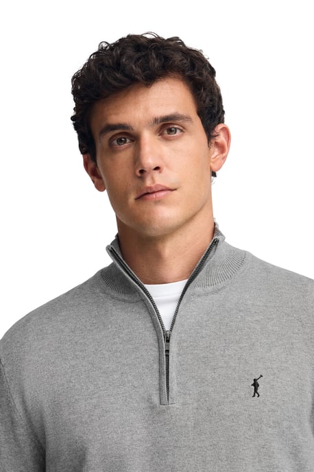 Pullover grau meliert aus Wollgemisch mit halbem Reißverschluss und gesticktem Rigby Go-Logo - Image 2