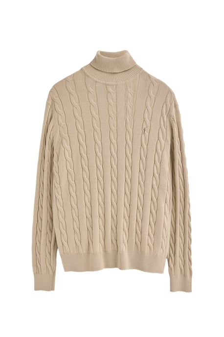 Rollkragenpullover beige aus Wollgemisch mit gestricktem Zopfmuster und gesticktem Rigby Go-Logo - Image 1