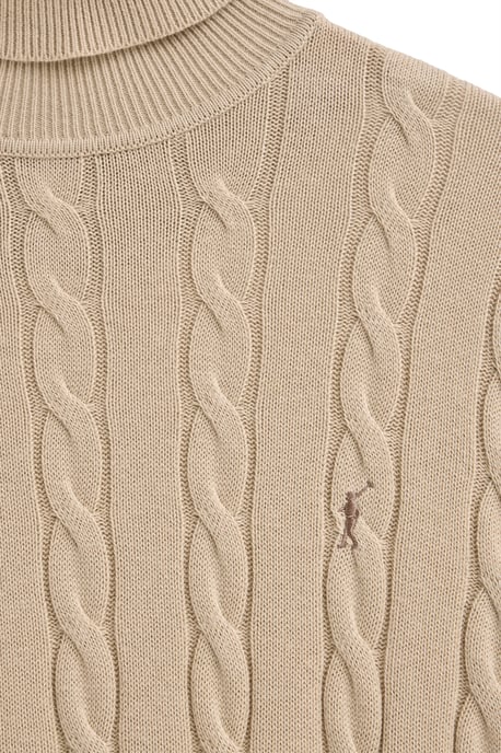 Rollkragenpullover beige aus Wollgemisch mit gestricktem Zopfmuster und gesticktem Rigby Go-Logo - Image 3