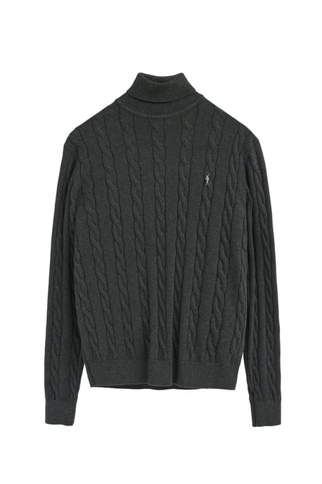 Rollkragenpullover dunkelgrau meliert aus Wollgemisch mit gestricktem Zopfmuster und gesticktem Rigby Go-Logo - Image 1