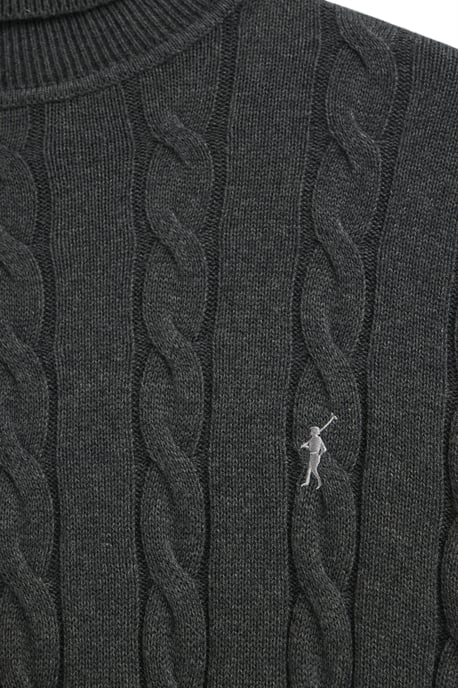Rollkragenpullover dunkelgrau meliert aus Wollgemisch mit gestricktem Zopfmuster und gesticktem Rigby Go-Logo - Image 3