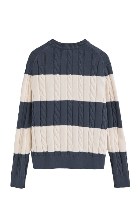 Strickpullover denimblau und ecru gestreift mit Zopfmuster und Polo Club-Patch - Image 2