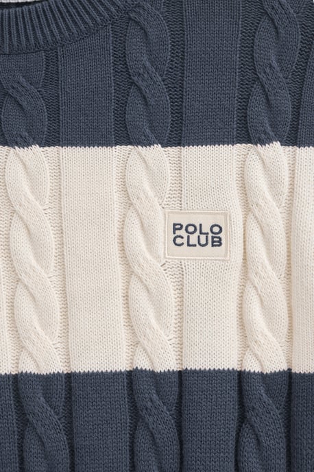 Strickpullover denimblau und ecru gestreift mit Zopfmuster und Polo Club-Patch - Image 3