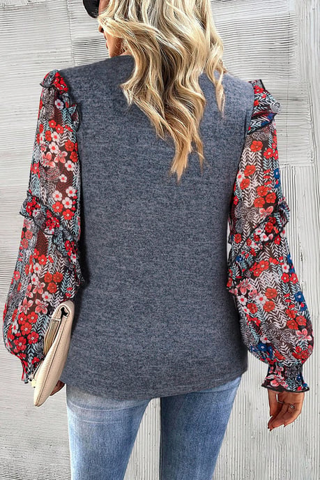 Blaue Rüschenschicht-Bluse mit floralem Ärmel und Rundhalsausschnitt - Image 2
