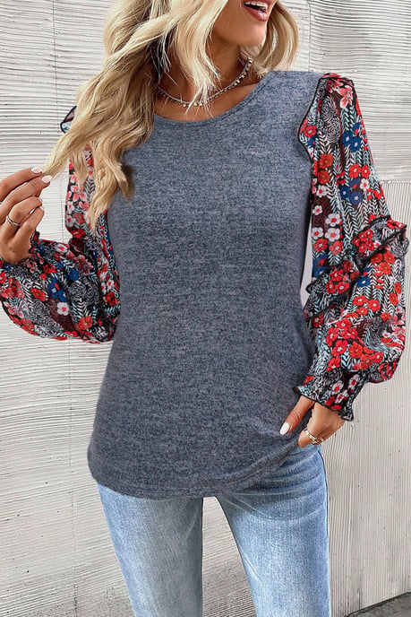 Blaue Rüschenschicht-Bluse mit floralem Ärmel und Rundhalsausschnitt - Image 4
