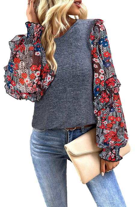 Blaue Rüschenschicht-Bluse mit floralem Ärmel und Rundhalsausschnitt - Image 6