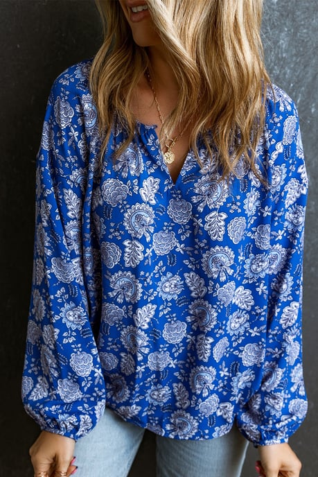 Blaue Blumen Longsleeve Bluse mit V-Ausschnitt und Notch-Detail - Image 2