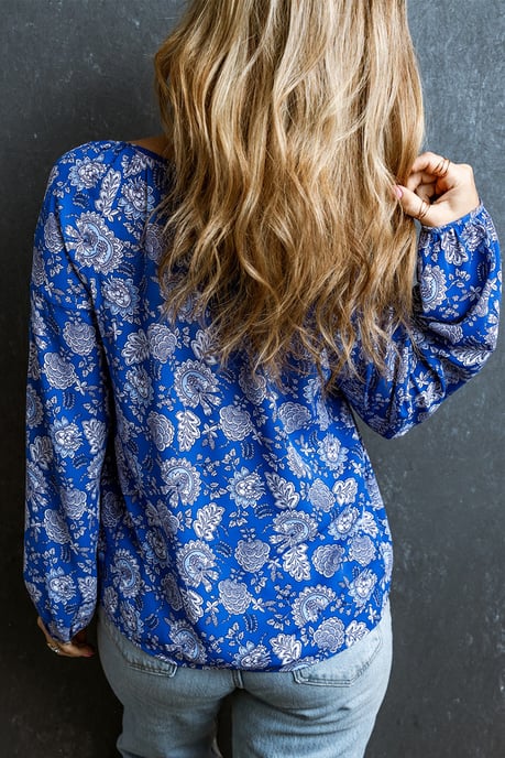 Blaue Blumen Longsleeve Bluse mit V-Ausschnitt und Notch-Detail - Image 3