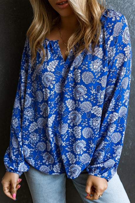 Blaue Blumen Longsleeve Bluse mit V-Ausschnitt und Notch-Detail - Image 4