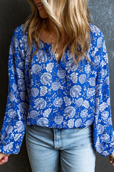 Blaue Blumen Longsleeve Bluse mit V-Ausschnitt und Notch-Detail - Image 6
