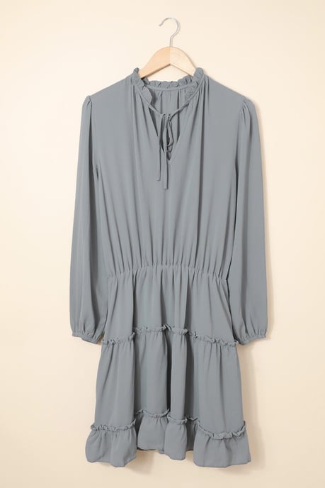Graues V-Ausschnitt Langarm-Rüschendes Schicht-Kleid im Mini-Stil - Image 3