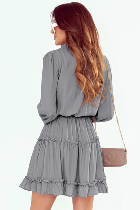 Graues V-Ausschnitt Langarm-Rüschendes Schicht-Kleid im Mini-Stil - Image 6
