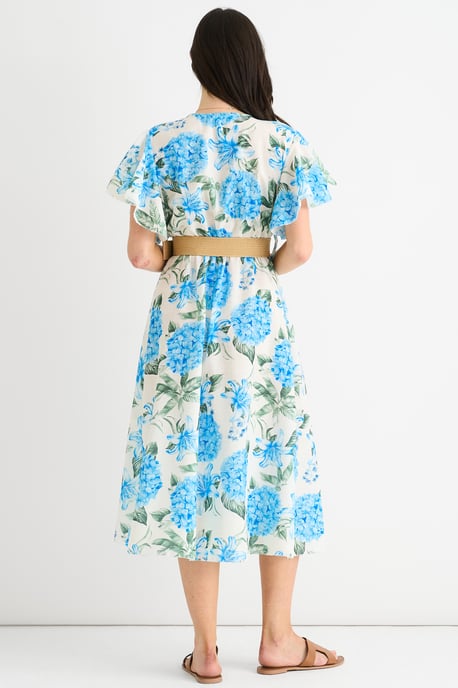 Blaues Midikleid mit Blumenmuster und Engelsärmeln und Gürtel zum Wickeln - Image 4