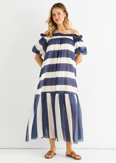 Blaues Voil Bardot-Streifen-Midaxi-Kleid aus Baumwolle - Image 3