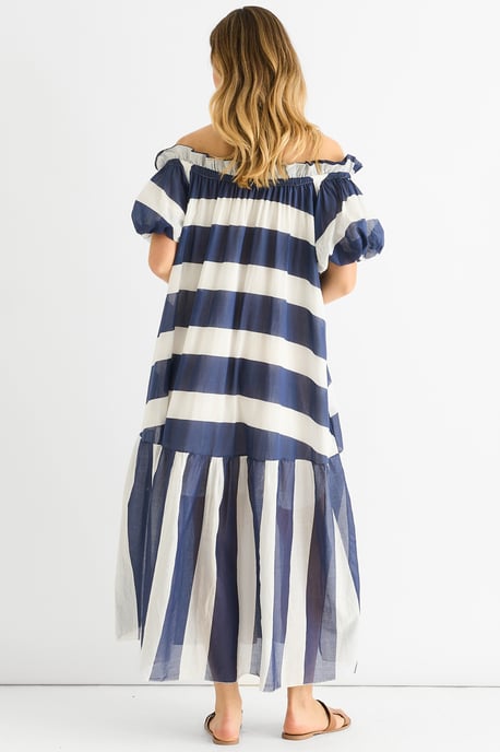 Blaues Voil Bardot-Streifen-Midaxi-Kleid aus Baumwolle - Image 4