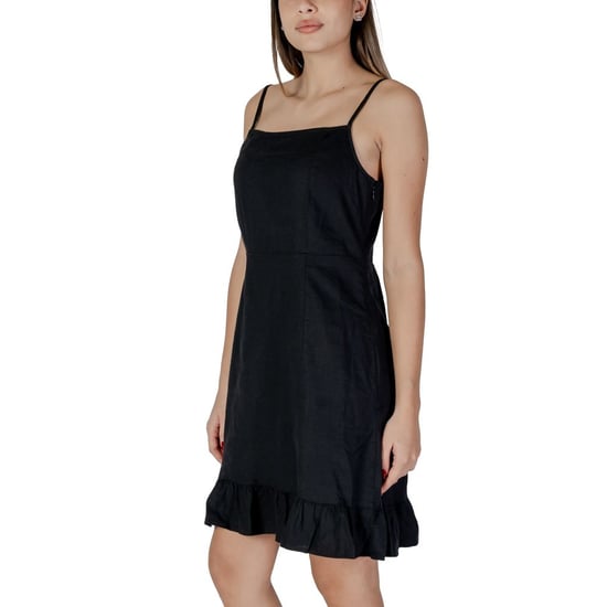 Schwarzes Mini-Kleid Ärmellos Rechteckiger Ausschnitt Rüschendetails - Image 4