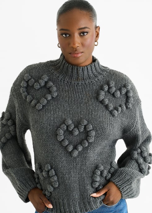 Dunkelgrauer Herzblasen-Pullover mit hohem Halsausschnitt aus grobem Strick - Image 2