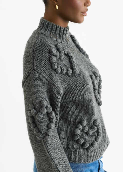 Dunkelgrauer Herzblasen-Pullover mit hohem Halsausschnitt aus grobem Strick - Image 3