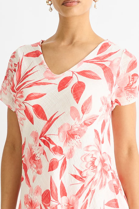 Rotes V-Ausschnitt-Kleid mit Blumenmuster aus Baumwolle - Image 2