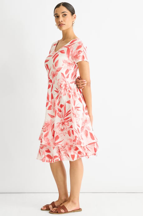 Rotes V-Ausschnitt-Kleid mit Blumenmuster aus Baumwolle - Image 3