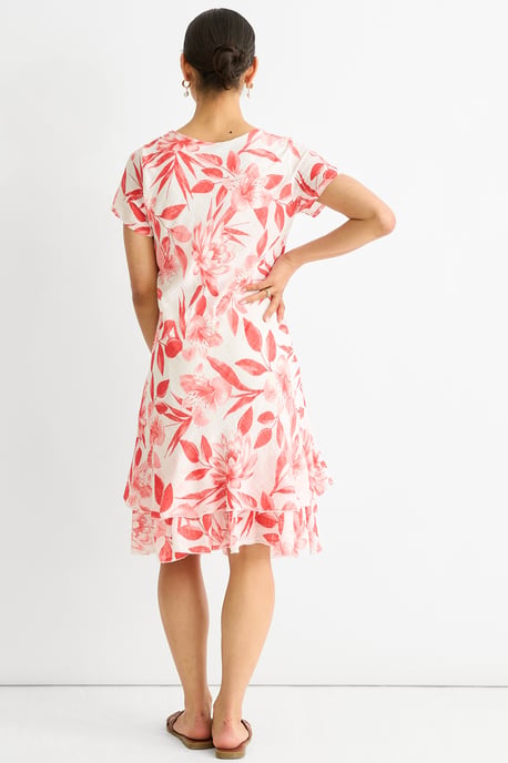 Rotes V-Ausschnitt-Kleid mit Blumenmuster aus Baumwolle - Image 4
