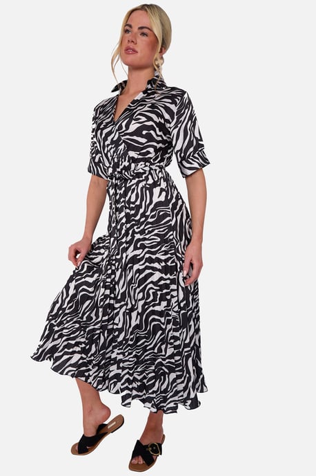 Schwarzes Zebra plissiertes Wickel-Midikleid mit Gürtel - Image 3