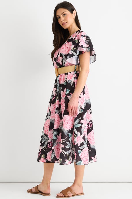 Schwarzes Midikleid mit Blumendruck und Engelsärmeln mit Gürtel - Image 3