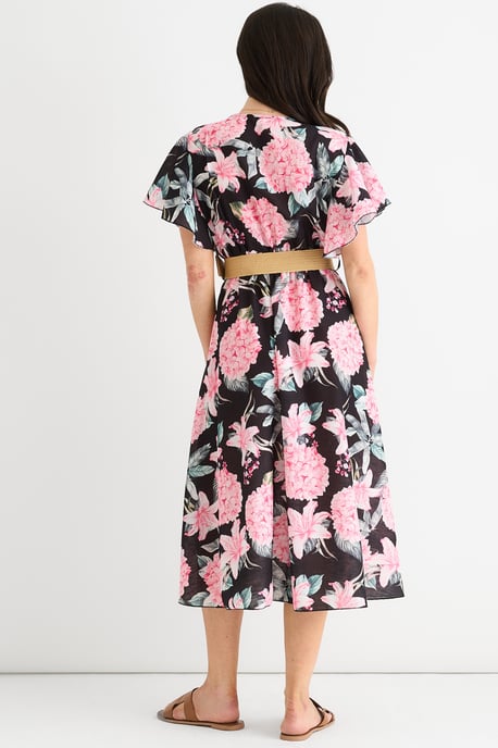 Schwarzes Midikleid mit Blumendruck und Engelsärmeln mit Gürtel - Image 4