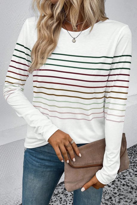Mehrfarbiger gestreifter Rundhalsausschnitt Langarm-Shirt - Image 2