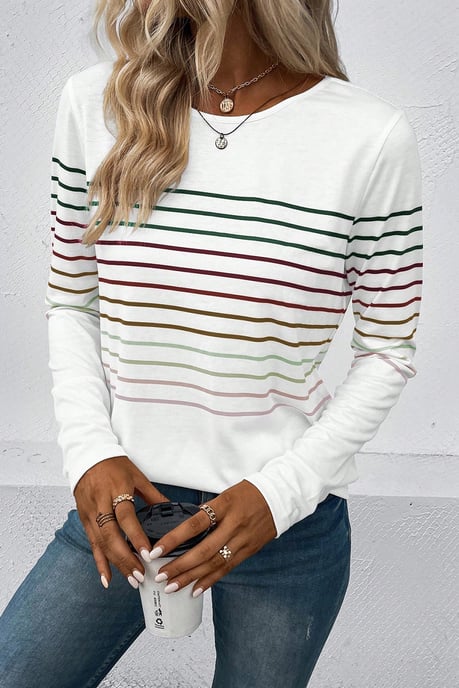 Mehrfarbiger gestreifter Rundhalsausschnitt Langarm-Shirt - Image 3