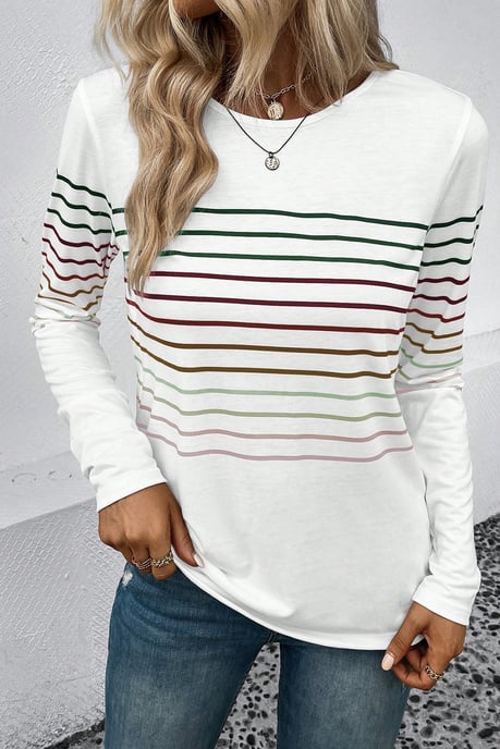 Mehrfarbiger gestreifter Rundhalsausschnitt Langarm-Shirt - Image 4