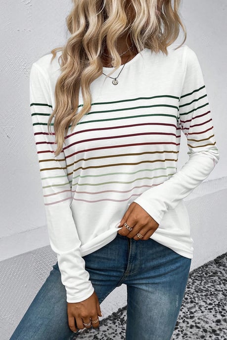 Mehrfarbiger gestreifter Rundhalsausschnitt Langarm-Shirt - Image 5